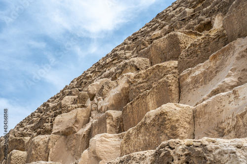 Detail of the Great Pyramid. Side of the Great Pyramid in Giza. One of the wonders of the World. Detail of Stone Blocks of Great Pyramid of Giza, Pyramid of Khufu near Cairo Egypt