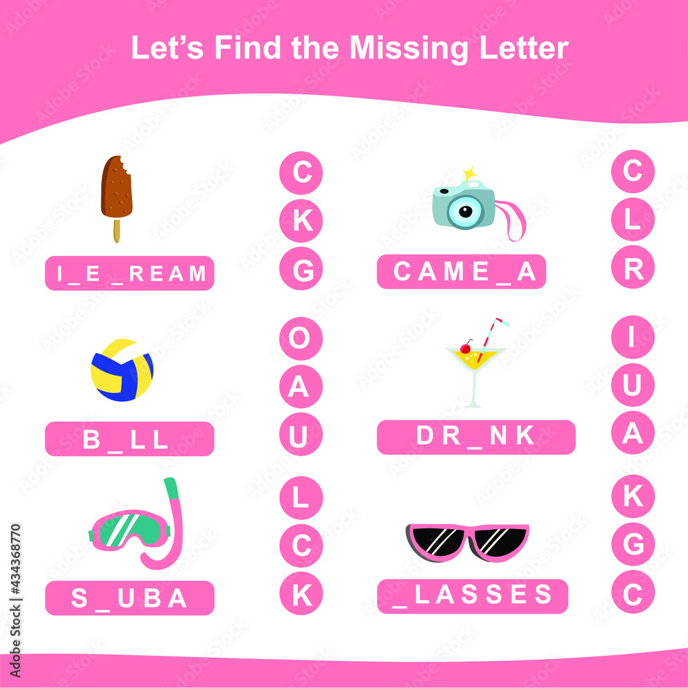 Summer game finds the missing letter game for Preschool Children. Missing letters game and write them in the appropriate places. Educational spelling printable game worksheet. Additional puzzle.