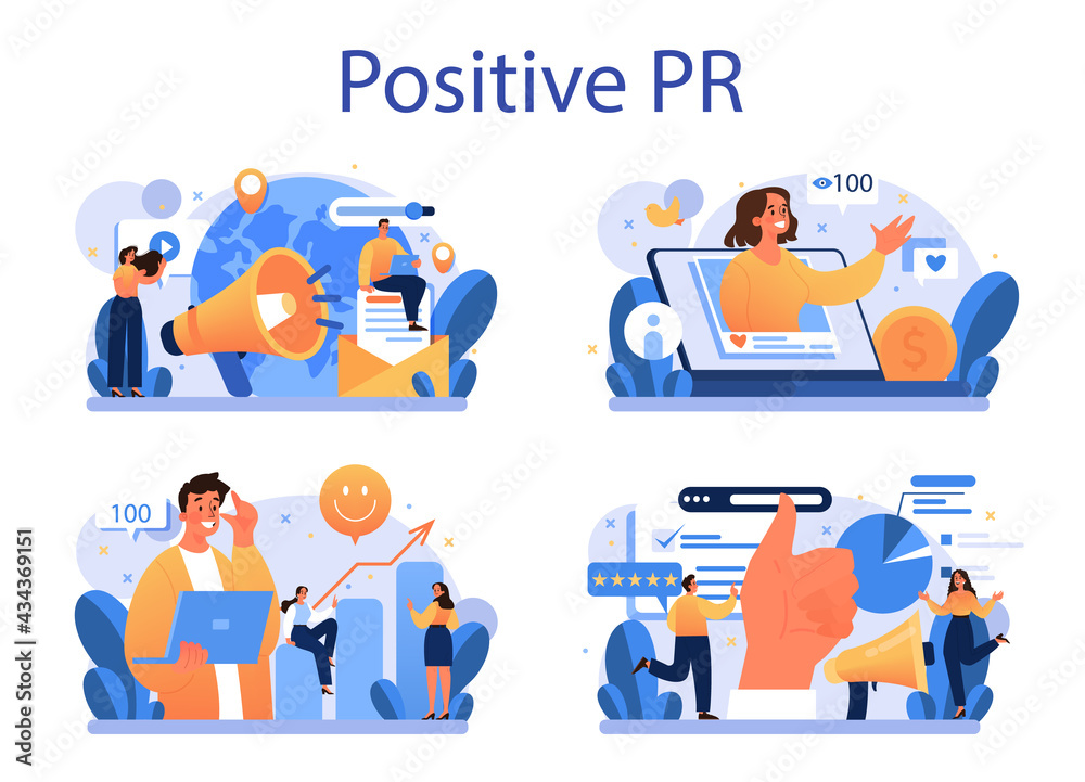 Positive public relations concept set. Successful brand advertising, Positive public relations concept set. Successful brand advertising,
