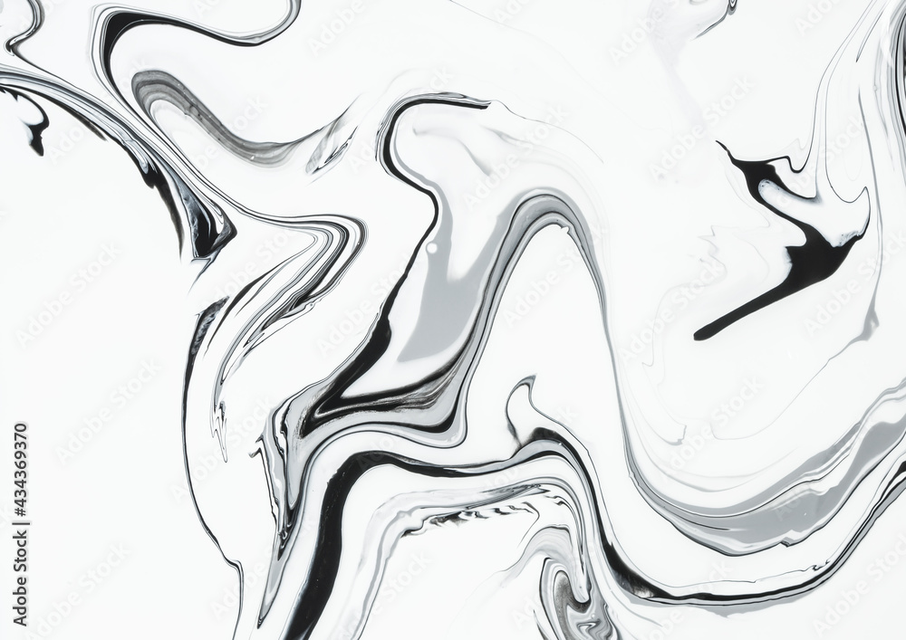 Flow of black and white foil marble texture on canvas. Abstract background of acrylic fluid art.