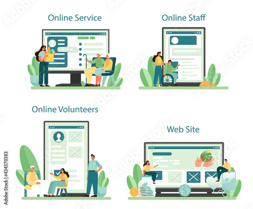 Social volunteer online service or platform set. Charity community support