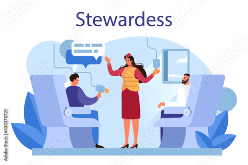 Stewardess concept. Flight attendants help passenger in airplane