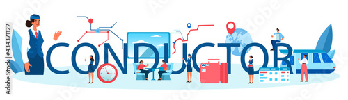 Conductor typographic header. Railway worker in uniform