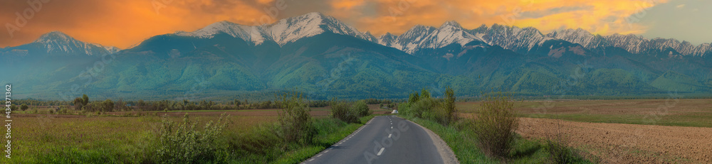 Panoramic view of the famous Romanian mountains Fagaras, view from the main road in Transylvania