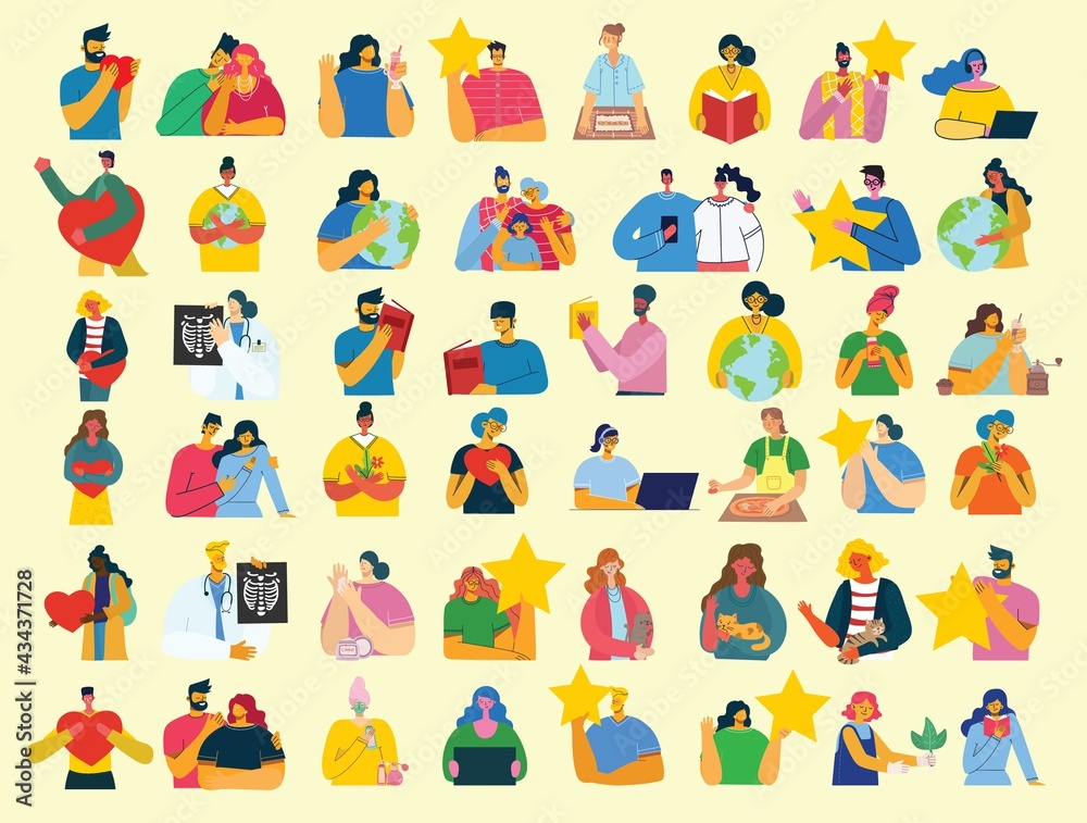 Set of people, men and women with different things. Vector graphic objects for collages and illustrations. Set of people, men and women with different things. Vector graphic objects for collages and illustrations.