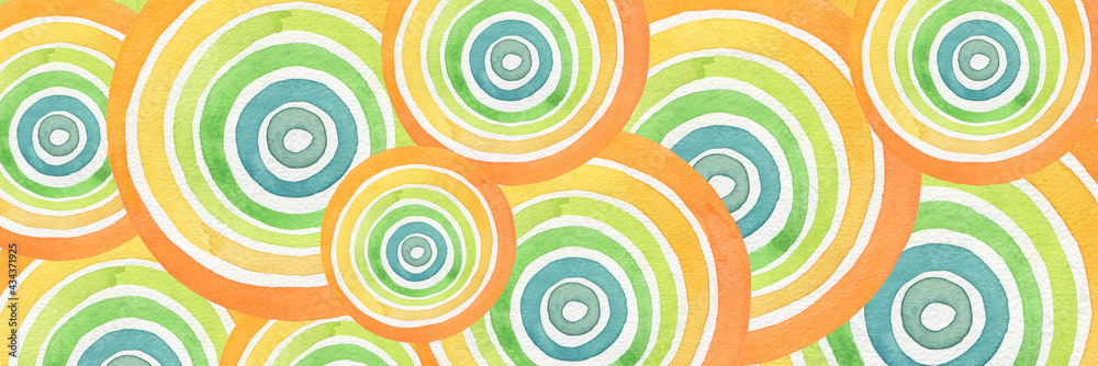 Abstract hypnotic rainbow watercolor circle painting horizontal long background. Texture paper.