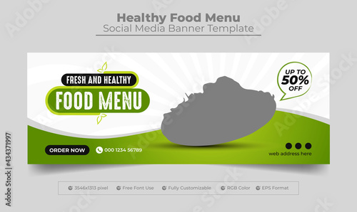 Fresh and healthy food menu facebook cover photo template or web banner for restaurant business