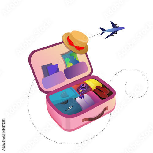 Open suitcase with traveler's belongings on white isolated background, side view. 