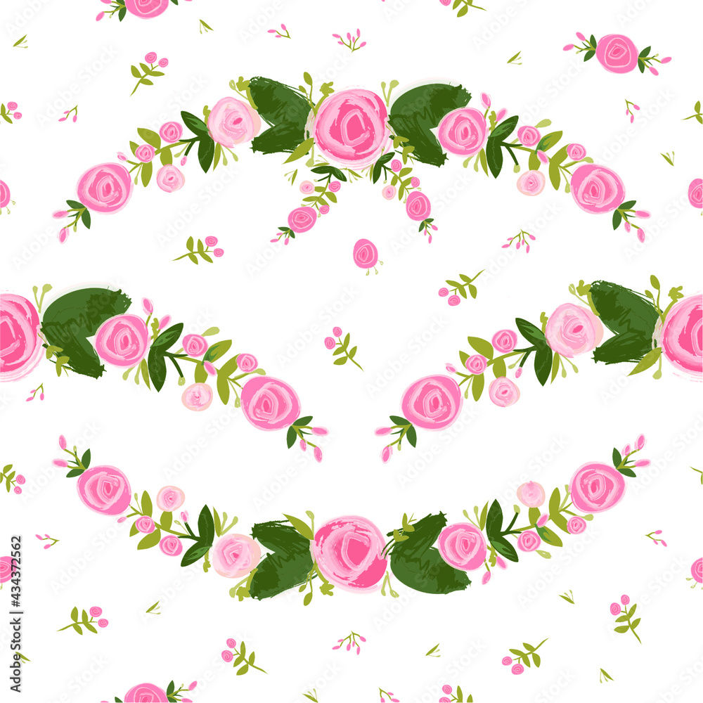 Pink Roses. Garland of flowers.  Wedding style illustration. Vector romantic.  Seamless pattern. 