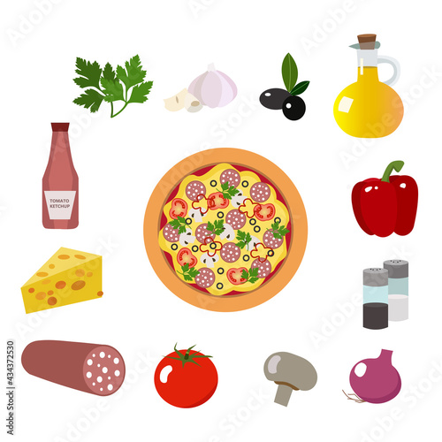 Fresh pizza. Food ingredients. Fast food.  Vecctor illustration of pizza isolated on white background.