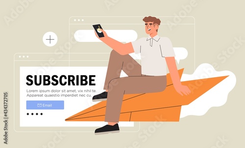 Business man or male character sitting and flying on paper plane and sending message. Concept of email marketing, newsletter, news, offers, promotions subscription. Follow us on social media concept.