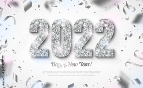 Happy New Year Banner with Silver 2022 Numbers on Bright Background with Flying Confetti and Streamers. Vector illustration. Place for text. Poster card template