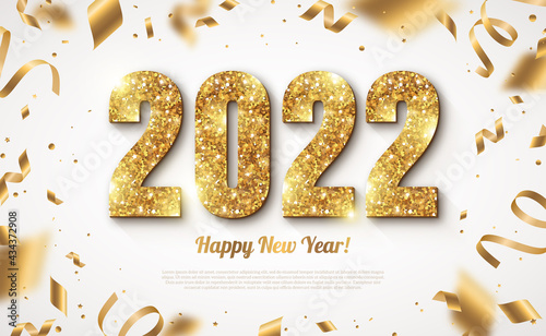 Happy New Year Banner with Gold 2022 Numbers on Bright Background with Flying Confetti and Streamers. Vector illustration