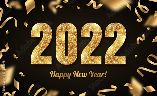 Happy New Year Banner with Gold 2022 Numbers on Black Background with Flying Confetti and Streamers. Vector illustration. Place for text. Poster card template