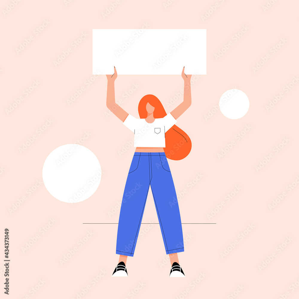 Young modern woman standing and holding up a blank white sign wit place ...