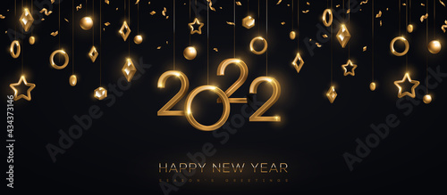 2022 gold numbers with stars and baubles hanging on black background. Vector illustration. Minimal invitation design for Christmas and New Year. Winter holiday decorations