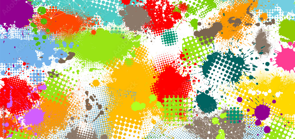 Obraz premium The background is made of multicolored paint stains. Horizontal rainbow background. Vector illustration