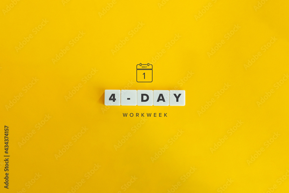 Four Day Workweek Banner and Concept. Block letters on bright orange background. Minimal aesthetics.