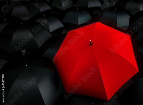 Distinction or Leadership  being different  concept background. Red umbrella stand out from mass of black umbrellas. 3D Render