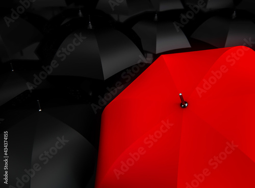 Distinction or Leadership, being different  concept background. Red umbrella stand out from mass of black umbrellas. 3D Render
