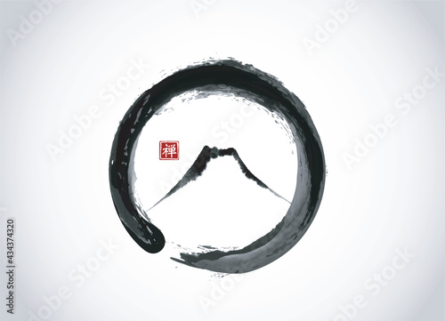 Mountain Fuji hand drawn with ink in black enso zen circle on white background. Traditional Japanese ink wash painting sumi-e. Translation of hieroglyph - zen