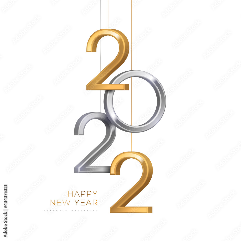2022 silver and gold numbers hanging on white background. Vector illustration. Minimal invitation design for Christmas and New Year. 2022 silver and gold numbers hanging on white background. Vector illustration. Minimal invitation design for Christmas and New Year.