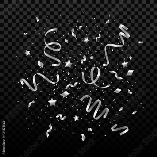 Falling shiny silver confetti, small stars and pieces of serpentine isolated on transparent background. Festive overlay effect with gray tinsels for New year night party. Vector illustration.