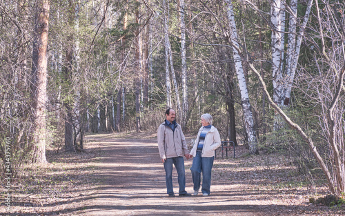 Elderly interracial couple walking in a spring forest park holding hands.