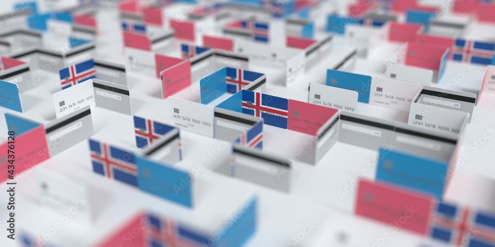 Flag of Iceland on the mockup credit card maze. Financial difficulties related 3D rendering Flag of Iceland on the mockup credit card maze. Financial difficulties related 3D rendering