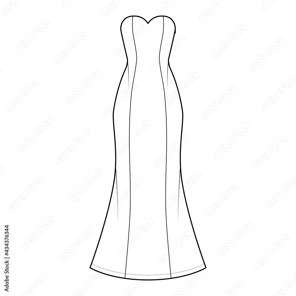 Dress trumpet technical fashion illustration with strapless sweetheart neckline, fitted body, floor maxi length circular skirt. Flat evening apparel front, white color style. Women, unisex CAD mockup Dress trumpet technical fashion illustration with strapless sweetheart neckline, fitted body, floor maxi length circular skirt. Flat evening apparel front, white color style. Women, unisex CAD mockup