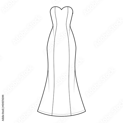 Dress trumpet technical fashion illustration with strapless sweetheart neckline, fitted body, floor maxi length circular skirt. Flat evening apparel front, white color style. Women, unisex CAD mockup