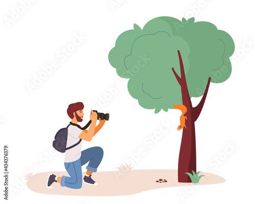 Vector illustration of rest in the city park. Young man photographing a squirrel on a tree. Outdoor activities. Vector illustration