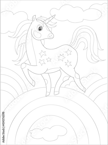 Beautiful unicorn Coloring page. Black and white vector illustration for coloring book