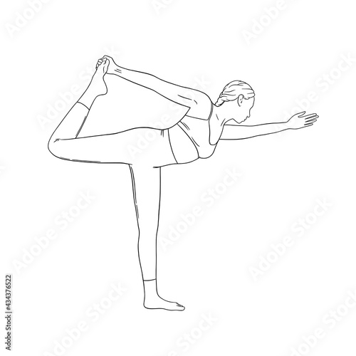 Yogi woman practicing hatha asana. Woman in Dancer yoga pose. Sketch vector illustration