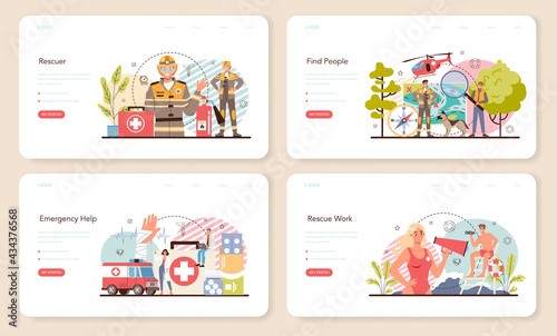 Urgency rescuer web banner or landing page set. Ambulance lifeguard