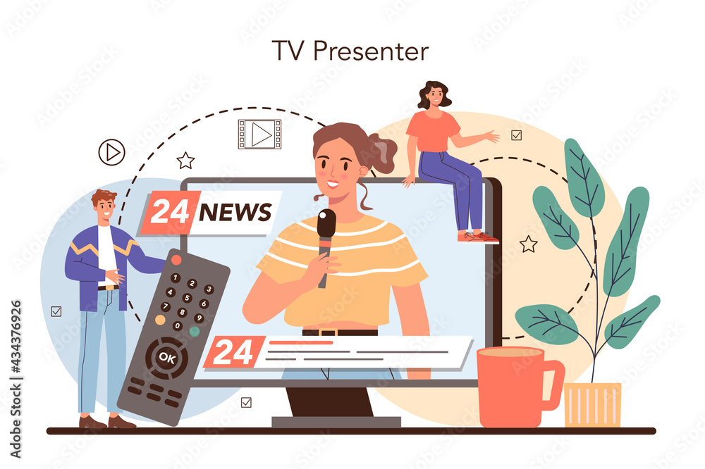 TV presenter concept. Television host in studio. Broadcaster - obrazy, fototapety, plakaty 