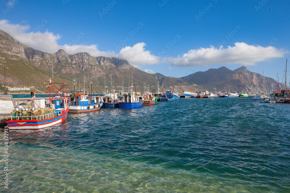 Fototapeta premium panaramic view on Hout Bay, the southern Harbor of Cape Town, with characteristic table cloth clouds rolling over the mountains,South Africa, landscape 