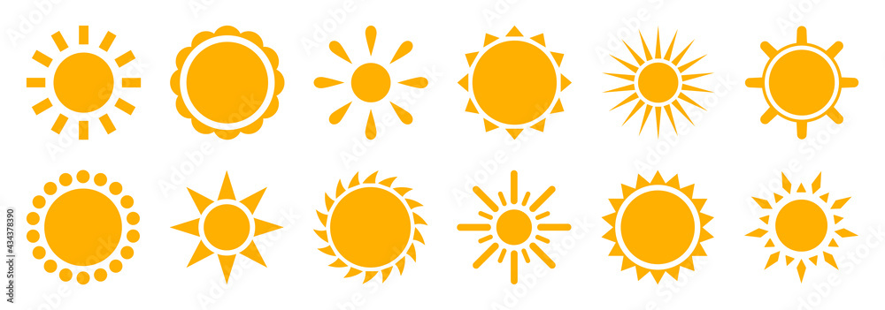 Sun icon set vector.Solar icons.Sun icons vector isolated on white background.Sunshine vector sign.Sun simple icons collection.Vector illustration