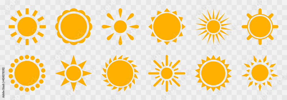 Sun icon set vector.Solar icons.Sun icons vector isolated on transparent background.Sunshine vector sign.Sun simple icons collection.Vector illustration Sun icon set vector.Solar icons.Sun icons vector isolated on transparent background.Sunshine vector sign.Sun simple icons collection.Vector illustration