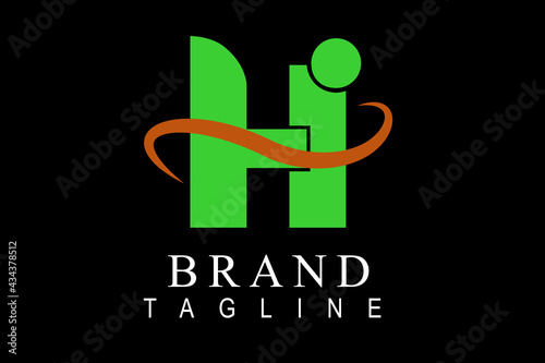 Simple Vector Logo Hi, Green and Brown Color, at black, Natural Related Concept, Suitable for Hotel or Resort