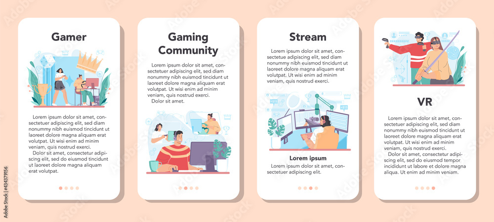 Gamer mobile application banner set. Person play on the computer video game Gamer mobile application banner set. Person play on the computer video game