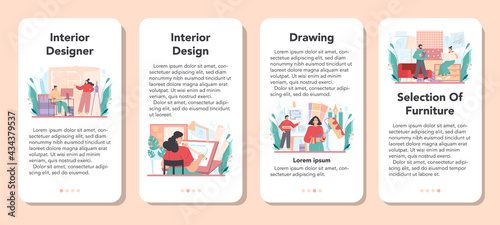 Interior designer mobile application banner set. Decorator planning the design