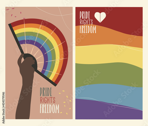 LGBT pride day posters with the rainbow flag, a black skinned hand holding a fan with the gay flag and the text Pride, Rights and Freedom. Vertical illustrations in flat style, vectored. 