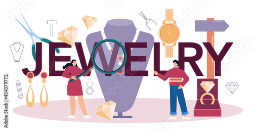 Jewelry typographic header. Goldsmith examining and faceting diamond