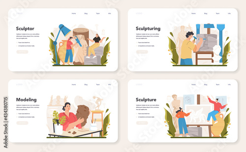 Sculptor web banner or landing page set. Creating sculpture of the marble