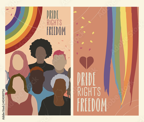LGBT pride day posters with the rainbow flag, group of diverse people and the text Pride, Rights and Freedom. Vertical illustrations in flat style, vectored. 