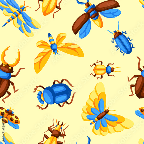 Seamless pattern with insects. Stylized butterflies, beetles and dragonflies. © incomible