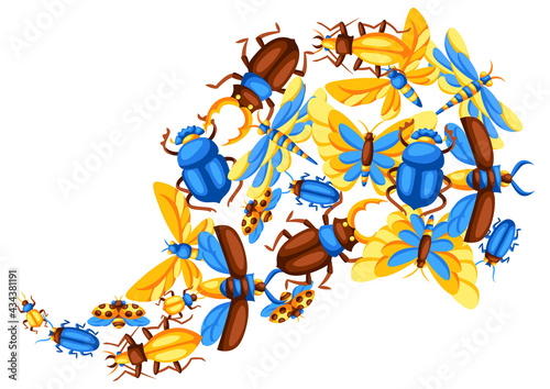 Background with insects. Stylized butterflies, beetles and dragonflies.