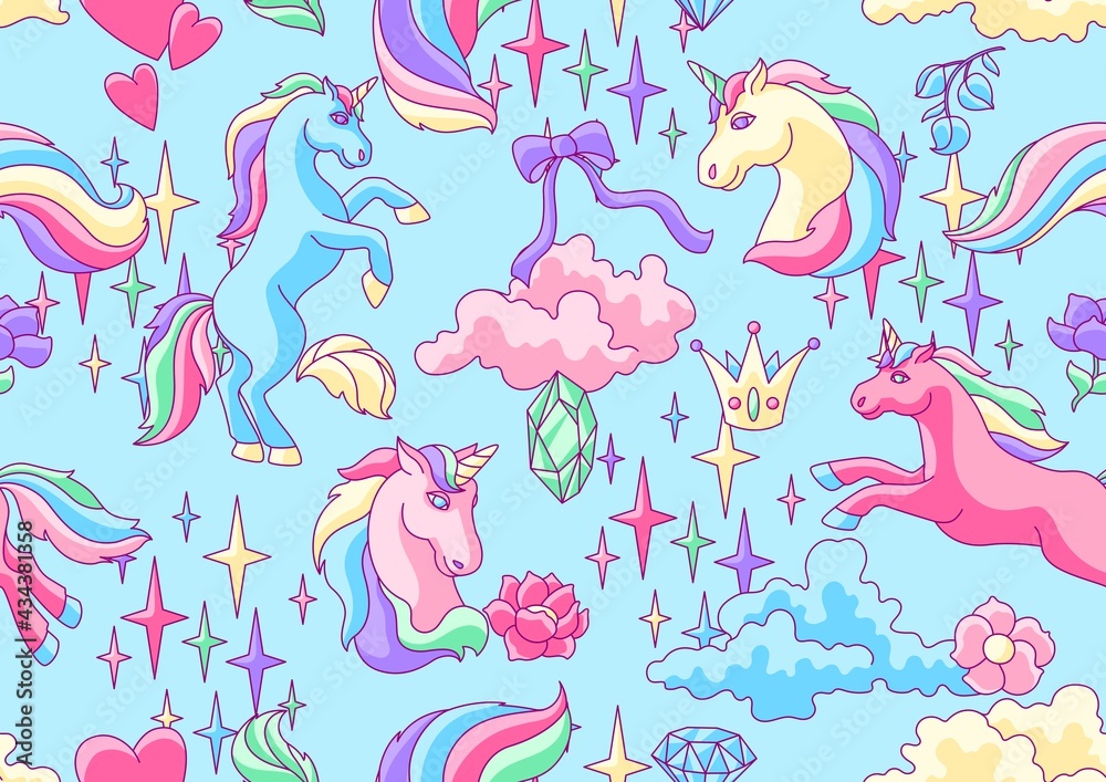 Seamless pattern with unicorns and fantasy items.
