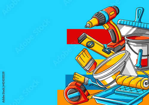 Background with repair working tools. Equipment for construction industry.